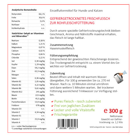 Hund Katze B.A.R.F. Hundefutter Easy Barf Hase 300g 1 Stück -2- Anifit